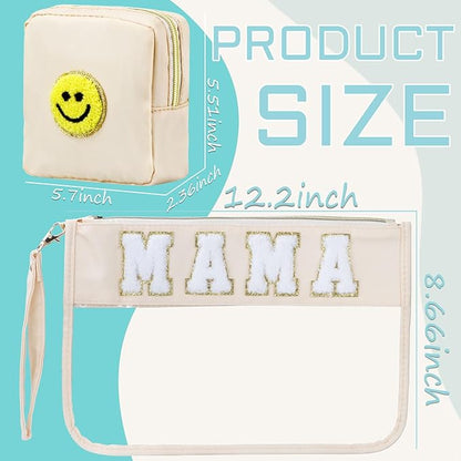 2 Pcs Preppy Patch Clear Mama Bag, Women Chenille Letter Makeup Cosmetic Bag for Travel, PVC Waterproof Organization Outdoor Zipper Pouch Toiletry Bag for Women Girl