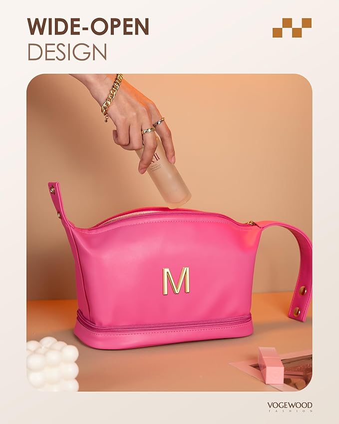 Teen Girl Gifts Trendy Stuff, Personalized Makeup Bag with Handle, Initial Double Layer Cosmetic Bag with Makeup Brush Organizer, Cute Cosmetic Pouch for Women, Gift Ideas for Co Workers