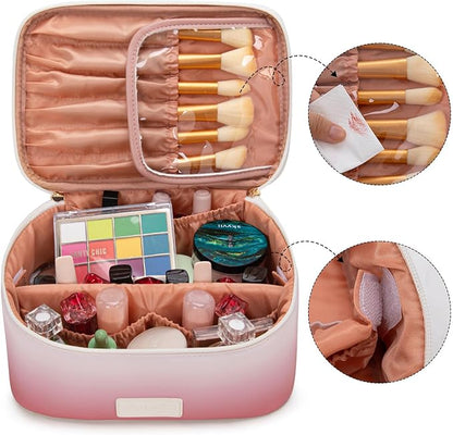 Montana West X Wrangler Travel Makeup Bag 2pcs Set Large Cosmetic Bag with Makeup Brush Holder Portable Make Up Organizer Cute Toiletry Bag with Divider and Handle for Women Gradient