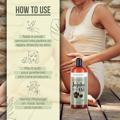 Natural Riches Organic Jojoba Oil, Pure (16 oz) | Moisturizing Oil for Face, Hair, Skin & Nails Cold Pressed Hexane Free Base Carrier oil.