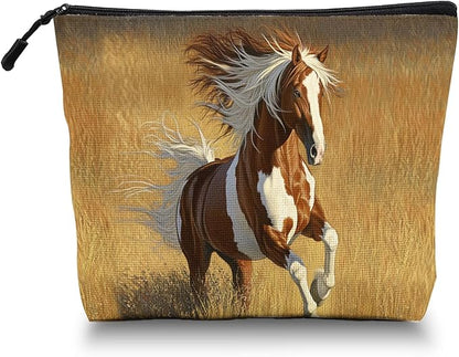 Cosmetic Bags Travel Makeup Toilet Case Waterproof Pouch for Women Girls 6.7X9.45inches - Horse Galloped on The Golden Grass