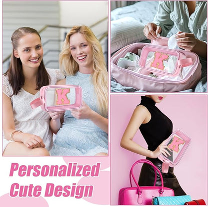 Initial Makeup Bag,Letter K Cute Clear Monogrammed Cosmetic Travel Bag for Womens Girls,Personalized Pink Aesthetic Traveling Make Up Organizer Bag for Beach,Waterproof Toiletry Bag