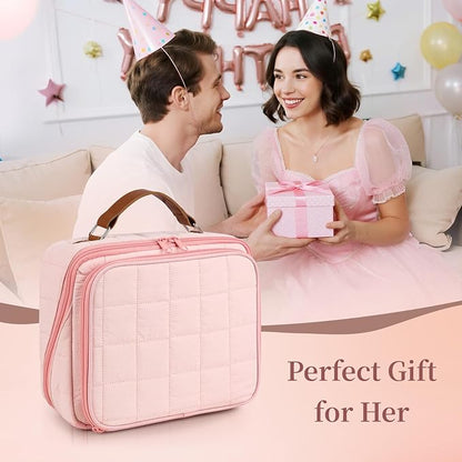 MOKURA Quilted Makeup Bag, Large Capacity Cosmetic Bag with Jewelry Organizer, Portable Make up Pouch, Waterproof Travel Toiletry Case with Compartments, Gifts for Women Girls, Pink