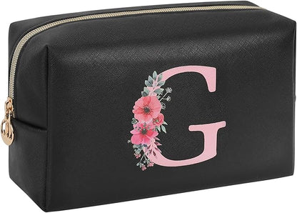 Personalized Initial Makeup Bag, Birthday Gifts for Women and Girls, Small Makeup Pouch Travel Toiletry Bag, Make Up Organizer Bag Gift Trendy Stuff for Friend Mom Teacher, Black