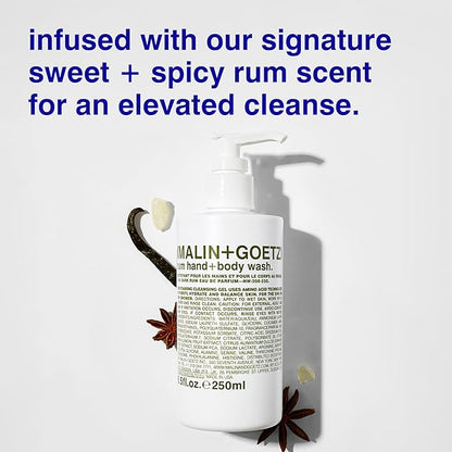 MALIN+GOETZ Hand + Body Wash | Gentle Foaming Cleanser with Botanical Extracts and Amino Acids | Hydrating, pH-Balanced, Unisex Scent | Vegan & Cruelty-Free (Rum, 128 Fl Oz)