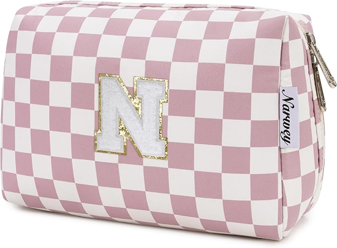 Narwey Birthday Gifts for Teen Girls Kids Women Personalized Initial Checkered Makeup Bag Pink Monogram Cosmetic Bag Trendy Stuff 6 8 10 11 12 13 14 16 18 Years Old Travel Toiletry Bag (Dusty Rose N)