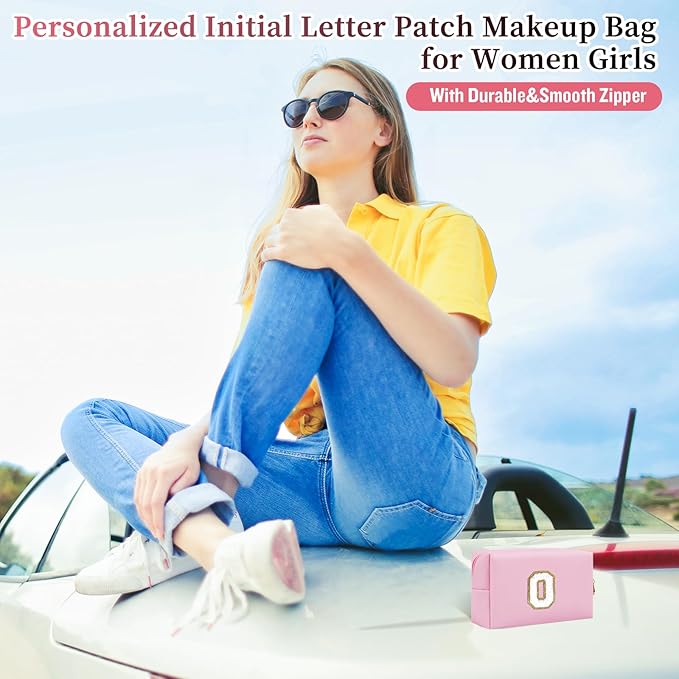 Iqimott,Personalized Initial Letter Patch Makeup Bag, Preppy Portable Chenille Letter Cosmetic Bag with Zipper, PU Leather Travel Toiletry Bag Monogram Make Up Pouch for Women Girls(Letter O)
