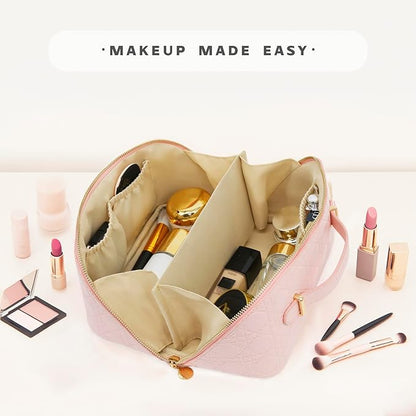 Travel Makeup Bag – Large Cosmetic Organizer with Waterproof PU Leather, Smooth Double Zipper & Tear-Resistant Lining, Toiletry Pouch for Women (Pink)