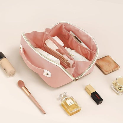 Prite Makeup Bag for Women Travel Waterproof Vegan Leather Cosmetic Bag Open Flat Toiletry Bag With Clear Divider and Handle (Large Pink)