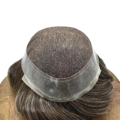 Toupee for Men French Lace Center Human Hair Replacement Systems Transparent Lace Center Hair Piece Mens Toupee Hair Units for Man V-Looped Front 8"X10" #430 4# MEDIUM BROWN WITH 30% SYNTHETIC GREY