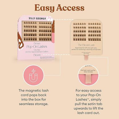 Silly George Pop-On Lashes - DIY 1-Step Pre-Glued Faux Eyelash Clusters, Natural Look Extensions, Brown - Bloom, 5-7 Pair Set, Pack of 60 Clusters
