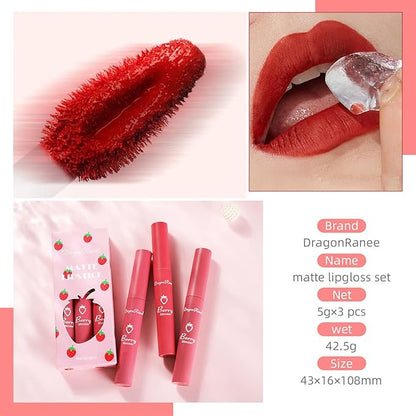 Sulily 3Pcs Dark Red Matte Lipstick Set,Red Matte Lipstick Long Lasting for Women,Velvet Air Moisture Smooth Crayon Lip Stain,24 Hours Wear Non-Stick Cup Not Fade Waterproof Lip Gloss Makeup