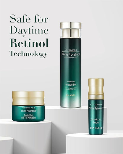 ISA KNOX AGE FOCUS PRIME Double Effect Ampoule Toner, PRIME Wrinkle For All Serum & PRIME Eye For All Cream (177 ml/5.99 fl oz) - Korean Skin Care by LG Beauty. Daytime Retinol.