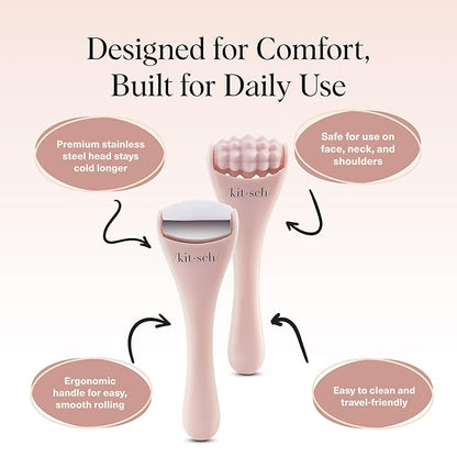 Kitsch Mini Facial Roller & Ice Face Roller Skin Care Tool Set for Women - Face Massager for Puffy Eyes, Cold Therapy, Lymphatic Drainage Massager, Self Care Gifts for Women & Men - Blush