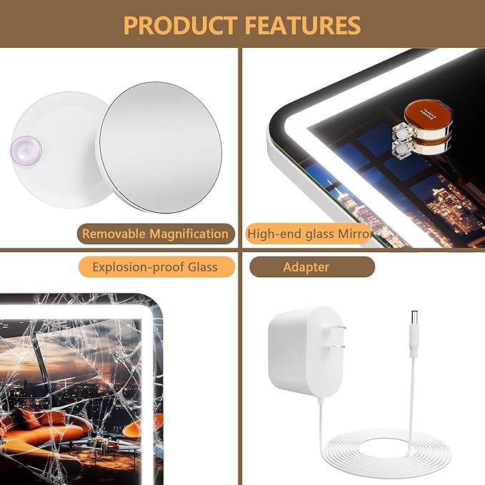 Hasipu Vanity Mirror with Lights and Bluetooth Speaker, 41.3" x 29.5" LED Makeup Mirror, Lighted Makeup Mirror with Dimmable 3 Modes, Touch Screen Control Vanity Mirror Round White