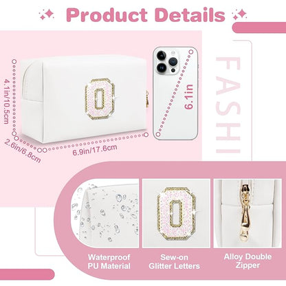 Small Initial Patch Makeup Bag Personalized Gifts Make Up Bag,White Cute PU Leather Glitter Letter Cosmetic Bag with Zipper,Trendy Portable Travel Toiletry Pouch,Preppy Stuff for Teen Girls Women O