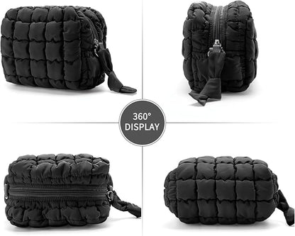 Puffy Quilted Makeup Bag Small Puffer Bag Cosmetic Bags Travel Toiletry Purse for Women, Cute Organizer Pouch, Black
