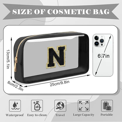 Personalized Initial Letter Clear Makeup Bag,Preppy Small Nylon&PVC Cosmetic Zipper Bag with Chenille Letter,Travel Skincare Toiletry Bag,Monogram Christmas Gift for Teen Girls Women,N