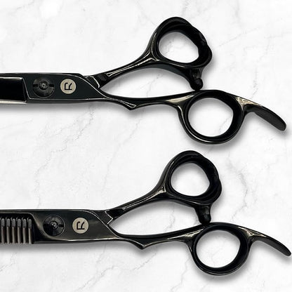Hair Shears Set for Left-Handed Professionals, 440C Steel Blades, Black Titanium Coating, Includes Scissors, Shears, Razor, Carrying Case