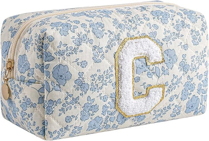 Gleyemor Personalized Initial Makeup Bag for Women, Cute Quilted Blue Floral Cotton Cosmetic Bag, Christmas Gifts for Her Mom Friend Sister Bridesmaid Teacher Women C