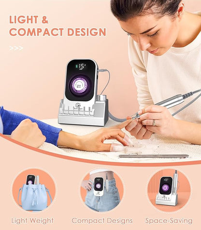 Portable Electric Nail Drill Machine: 40000RPM Professional E-File, Rechargeable Cordless with Bits & Base for Acrylic Remove Gel Polish Manicure Salon Home, Silver