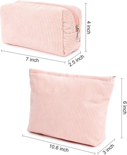 SOIDRAM 2 Pieces Makeup Bag Large Corduroy Cosmetic Bag Capacity Canvas Mix Travel Toiletry Bag Organizer Cute Makeup Brushes Aesthetic Accessories Storage Bag for Women, Corduroy Mix Pink