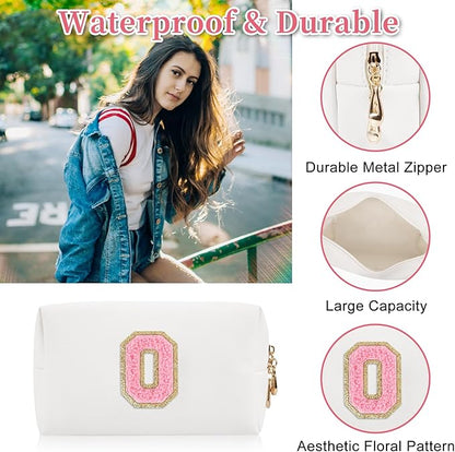 Personalized Initial Letter Patch Makeup Bag, Preppy Portable Chenille Letter Cosmetic Bag with Zipper, PU Leather Waterproof Travel Toiletry Bag Monogram Make Up Pouch for Women Girls(Letter O)