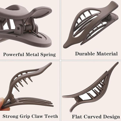 6 PCS Flat Hair Clips, French Lay Flat Claw Clips for Women Girls, 3 Styles Strong Hold Non-slip Matte Hair Claws for Thin Thick Hair(Brown&White)