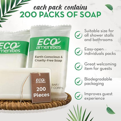 ECO amenities Bar Soap Pack - 200 Count, 1 oz Travel Body Bars - Individually Wrapped Hotel Guest Soaps for Travel Hygiene - Light Green Tea Scent & Cruelty Free
