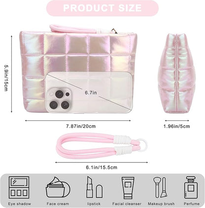 DOB SECHS Quilted Checkered Makeup Bag with Strap, Cute Puffer Cosmetic Bags for Women, Cotton Puffy Toiletry Zipper Pouch, Travel Essentials Storage Organizer Clutch Pencil Case, Iridescent Pink