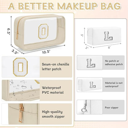 Personalized Initial Clear Makeup Bag, Travel Chenille Patch Cosmetic Bag, Preppy Toiletry Bag Monogram Cosmetic Pouch with Zipper, Ideal Gift for Teen Girls Women (Clear-Beige, O)