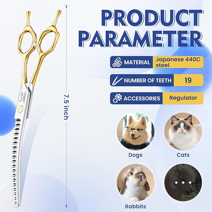 JASON 7.5 Inch Curved Chunker Scissors for Dog Grooming 19 Teeth Professional Downward Chunker Shears with Symmetric Handle Sharp Comfortable Christmas Gift