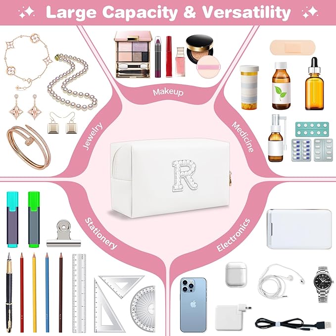Bride Gifts – Personalized Initial Makeup Bag with Pearl Rhinestone Patch, Preppy White Monogram Cosmetic/Toiletry Pouch, bridesmaid Gifts, Bridal Shower Gifts, Wedding Gifts, Bridal Gifts,R