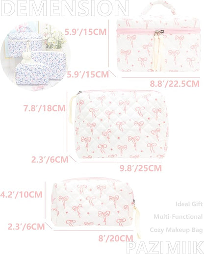 3PCS Makeup Bag SET Large Travel Quilted Zipper Soft Cosmetic Case Pouch for Women Girls Make Up,Bow Pink