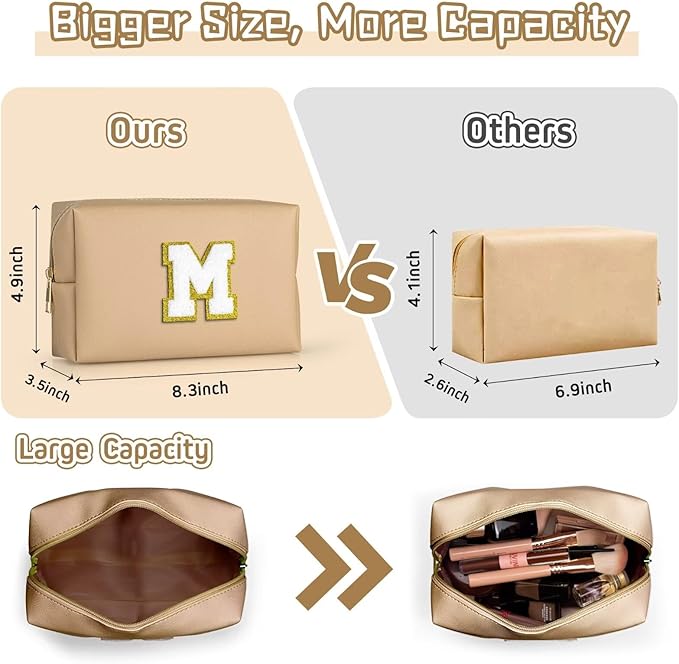 TOPEAST Personalized Makeup Bag, Chenille Letter Pouch Cosmetic Bag w Zipper, PU Leather Waterproof Toiletry Bag, Bridal Shower Gifts for Bridesmaids, Cute Stuff for Girls (Khaki P)