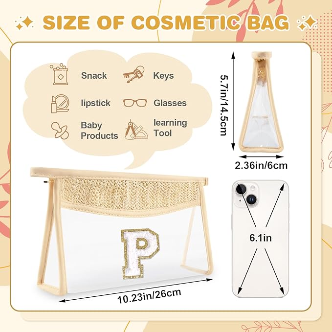 Personalized Initial Letter Bag Boho Straw Clear Makeup Bag,Small Cute Chenille Varsity Letter Pouch With Zipper,Beach Travel Toiletry,Portable Monogrammed Cosmetic Bag for Women Girls,P