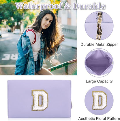 Iqimott Personalized Initial Letter Patch Makeup Bag, Preppy Small Chenille Letter Cosmetic Bag with Zipper, PU Leather Waterproof Travel Toiletry Bag Monogram Make Up Pouch for Women Girls(Letter D)