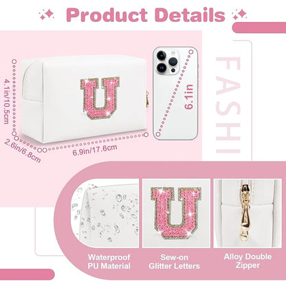Small Initial Patch Makeup Bag Personalized Gifts Make Up Bag,White Cute PU Leather Glitter Letter Cosmetic Bag with Zipper,Trendy Portable Travel Toiletry Pouch,Preppy Stuff for Teen Girls Women U