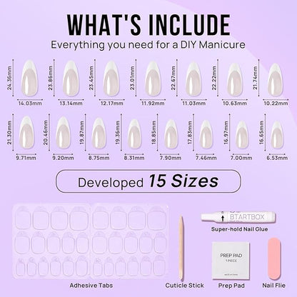 BTArtbox Press On Nails Almond - White French Tip Soft Gel Nails, Chrome Glue On Nails for Gifts, Natural Reusable Glazed Stick On Nails in 15 Sizes - 30 Fake Nails Kit, White Swan