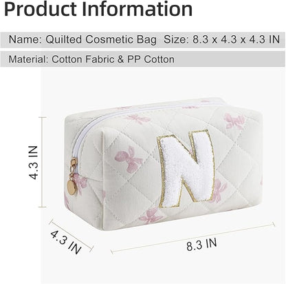 Gleyemor Personalized Initial Makeup Bag for Women, Cute Quilted Pink Floral Cotton Cosmetic Bag, Christmas Gifts for Her Mom Friend Sister Bridesmaid Teacher Women N