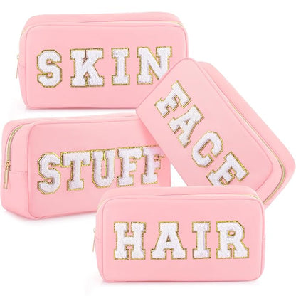 Remerry 4 PCS Nylon Cosmetic Bags Waterproof Spacious Travel Makeup Organizer for Women Chenille Letter Preppy Zipper Pouch Face Stuff Skin Hair Organizer Gift(Pink)