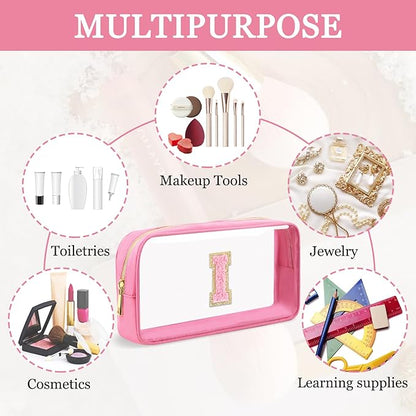 Small Clear Personalized Initial Makeup Bag,Nylon Preppy A-Z Chenille Letter Patch Cosmetic Pouch Beach Toiletry Bag,Waterproof Zipper Travel Purse Storage Bag Organizer for Women Girls(Pink-Pink I)
