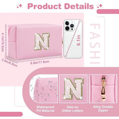 Small Personalized Initial A-Z Patch Makeup Bag,Pink Cute PU Leather Glitter Letter Cosmetic Bag for Teen Girls,Travel Toiletry Bag with Zipper,Preppy Monogrammed Birthday Gift for Daughter Niece N