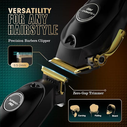 SUPRENT Professional Hair Clippers for Men, Cordless Hair Cutting Kit, Barber Clippers & Zero-gapped Trimmer Combo with Type-C Rechargeable, Titanium Plated Ceramic Blade(Black)