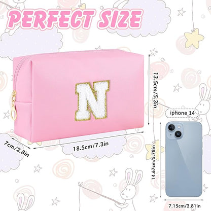Initial Makeup Bag Personalized Preppy Travel Small Cosmetic Bag Cute PU Pink Chenille Letter Makeup Pouch for Purse Waterproof Zippered Toiletry Organizer for Women Girls Kids Friends (N)