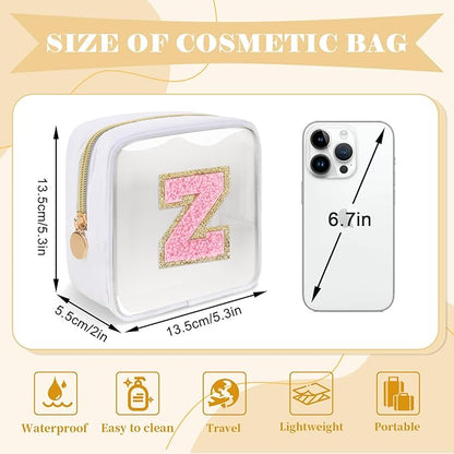 Personalized Initial Letter Clear Preppy Makeup Bag,Mini Nylon Chenille Letter Cosmetic Bag Cute Zipper Pouch Purse for Teen Girls,Portable TSA Approved Beach Travel Essentials Bag Gift for Women,Z
