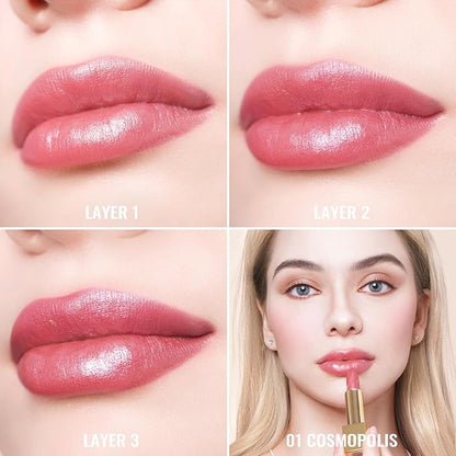 Oulac Pink Lipstick for Women with Metallic 3D Shine Lightweight Hydrating Formula, High Impact Lip Color, Vegan Beauty, Full Coverage Lip Makeup, Christmas Gifts for Women, Cosmopolis(01)