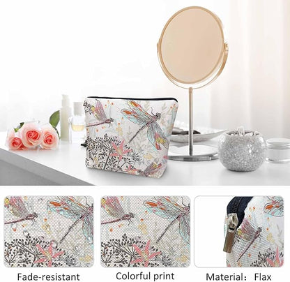 Makeup Bag For Purse Dragonfly, Garden Dragonflies Flowers Nature Cosmetic Bags For Women With Zipper Travel Toiletry Pouch Makeup Bags Makeup Organizers Purse For Toiletries Cosmetics
