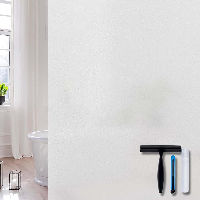 Volcanics Frosted Glass Window Privacy Film with Installation Tools, Removable Static Cling Bathroom Window Film, Heat Control UV Blocking, Peep-Proof, Ideal for Home Office 35.4 x 118 Inches