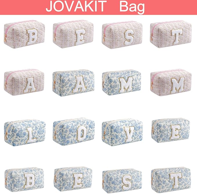 JOVAKIT Makeup Bag Cosmetic Bags for Women, Christmas Gifts for Girls Age 6-18, Alphabet Pink Floral Coquette Zipper Travel Makeup Pouch, Organizer Case Trendy Stuff (Pink Floral A)